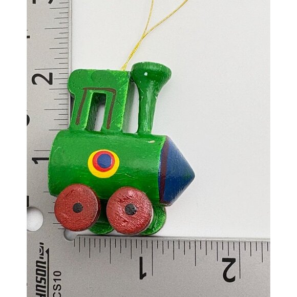 Vintage Wooden Train Christmas Tree Ornament Green Hand Painted - Picture 3 of 7